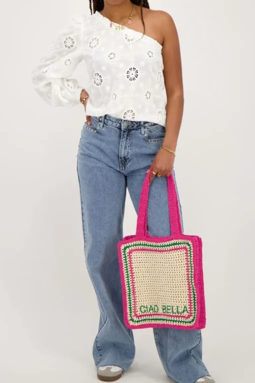 Witte One-shoulder Top Met Embroidery