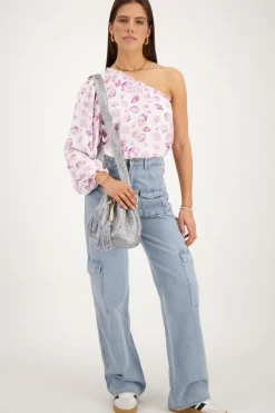 Witte One-shoulder Top Met Paarse Zee-print