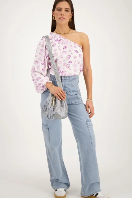 Witte One-shoulder Top Met Paarse Zee-print