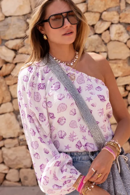 Witte One-shoulder Top Met Paarse Zee-print