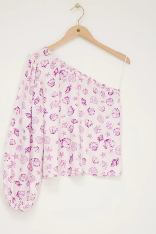 Witte One-shoulder Top Met Paarse Zee-print