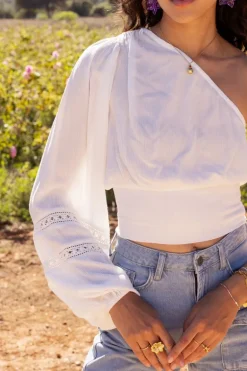 Witte One-shoulder Top Met Smock En Tapes