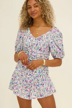 Witte Top Met Blauwe Bloemenprint & Plooien