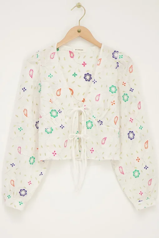 Witte Top Met Strikjes En Multikleur Embroidery