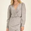 Zilveren Metallic Jurk Met Overslag En Pofmouwen