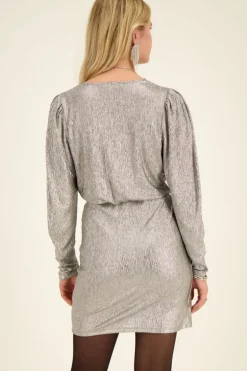 Zilveren Metallic Jurk Met Overslag En Pofmouwen