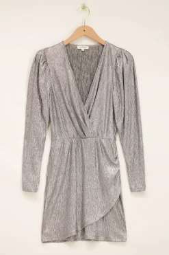 Zilveren Metallic Jurk Met Overslag En Pofmouwen