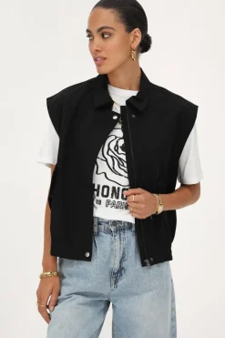 Zwart Gilet Met Kraag En Zakken