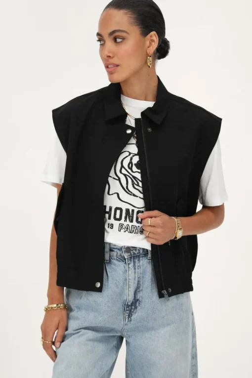 Zwart Gilet Met Kraag En Zakken