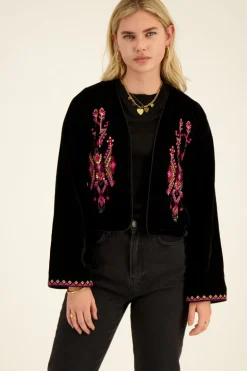 Zwart Velvet Jasje Met Roze Embroidery
