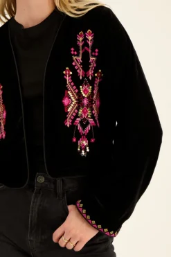 Zwart Velvet Jasje Met Roze Embroidery