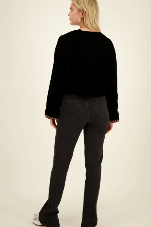 Zwart Velvet Jasje Met Roze Embroidery