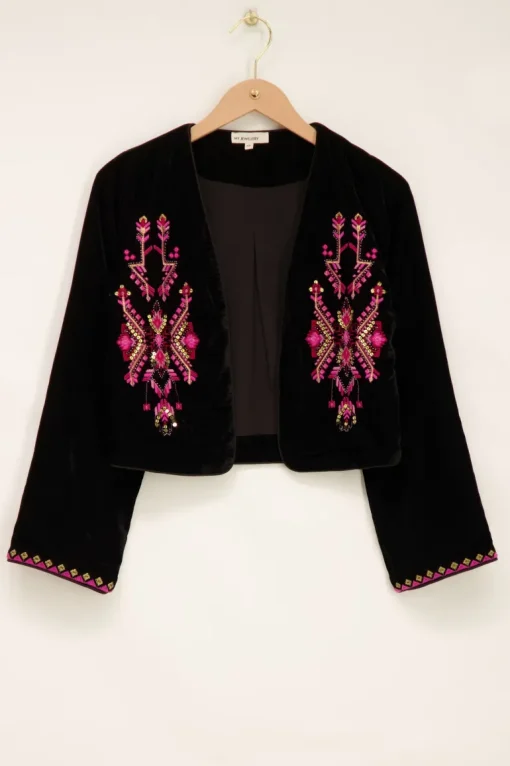 Zwart Velvet Jasje Met Roze Embroidery