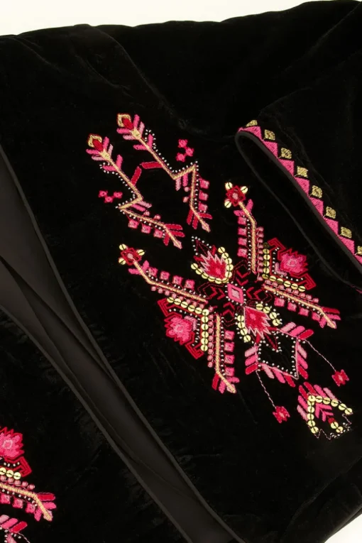 Zwart Velvet Jasje Met Roze Embroidery