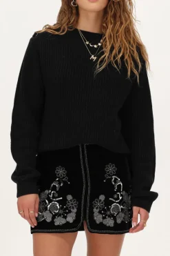 Zwart Velvet Rok Met Zilveren Embroidery