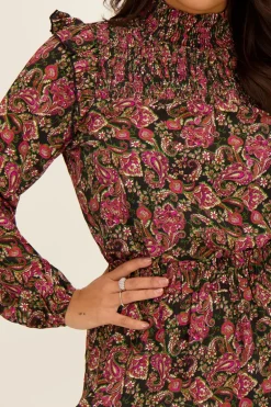 Zwarte Blouse Met Gekleurde Paisley Print & Smock
