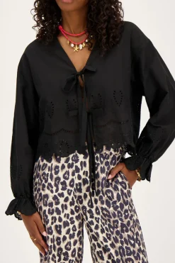 Zwarte Blouse Met Strikjes En Broderie