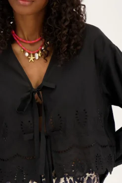 Zwarte Blouse Met Strikjes En Broderie