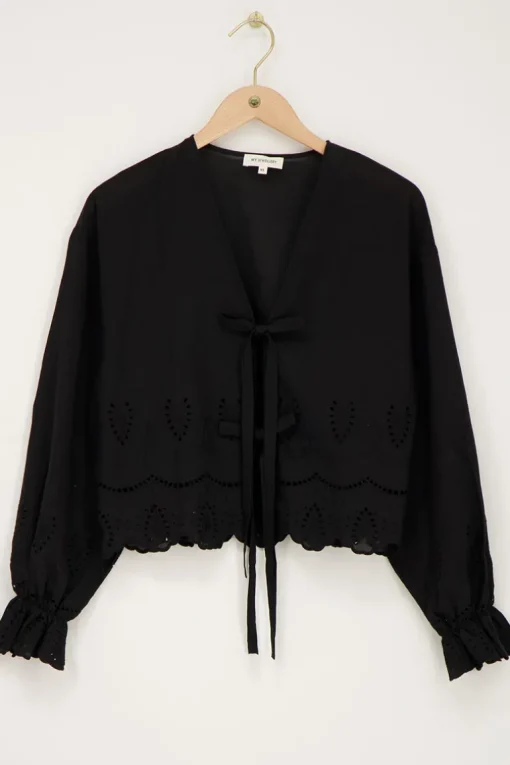 Zwarte Blouse Met Strikjes En Broderie