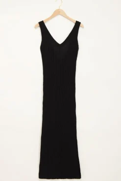 Zwarte Bouclé Maxi Jurk Met Split