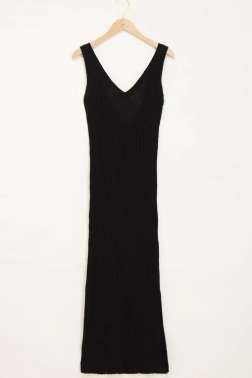 Zwarte Bouclé Maxi Jurk Met Split