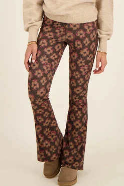 Zwarte Flared Broek Met Bruin & Roze Bloemenprint