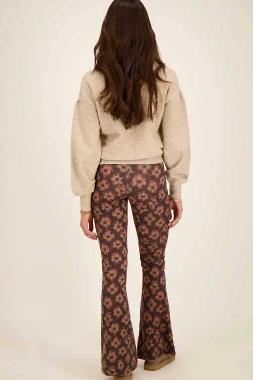Zwarte Flared Broek Met Bruin & Roze Bloemenprint