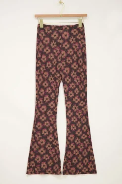 Zwarte Flared Broek Met Bruin & Roze Bloemenprint
