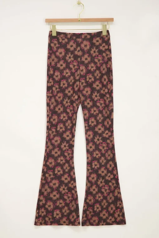 Zwarte Flared Broek Met Bruin & Roze Bloemenprint