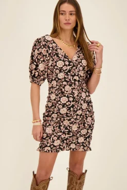 Zwarte Jurk Met Beige Bloemenprint & V-hals