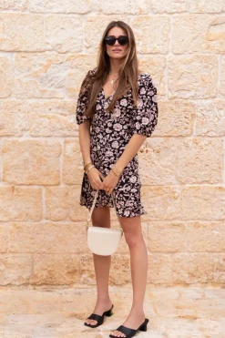 Zwarte Jurk Met Beige Bloemenprint & V-hals