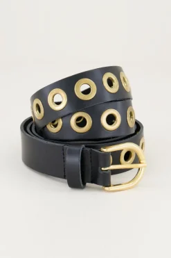 Zwarte Leren Riem Met Goudkleurige Ringen