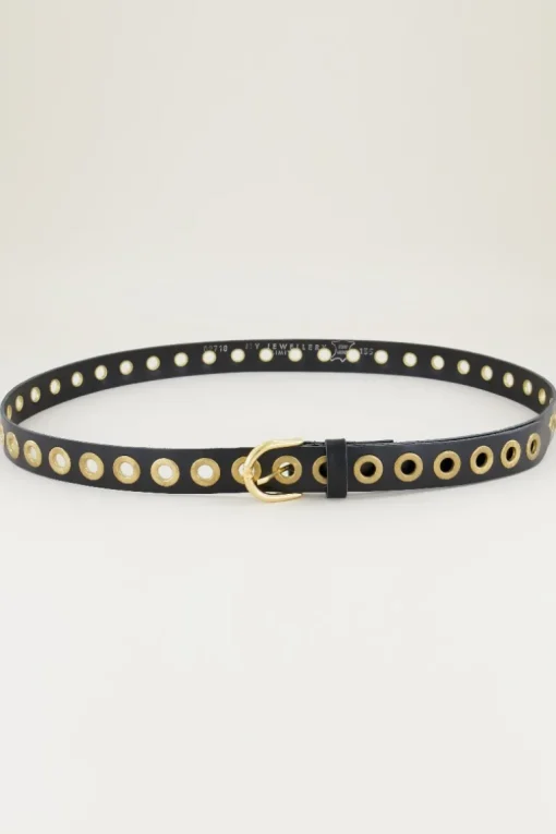 Zwarte Leren Riem Met Goudkleurige Ringen