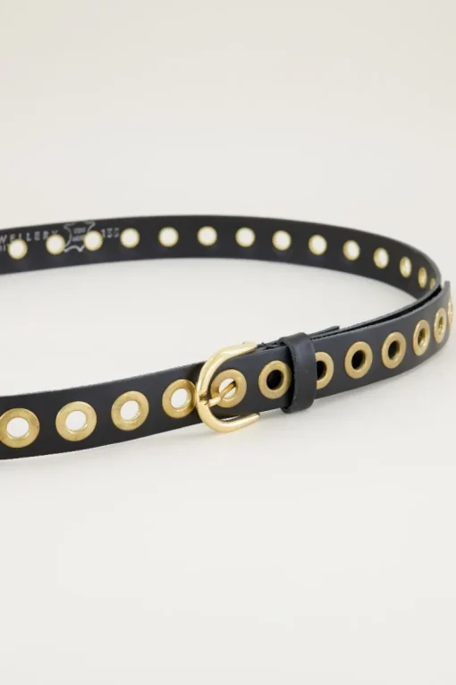 Zwarte Leren Riem Met Goudkleurige Ringen