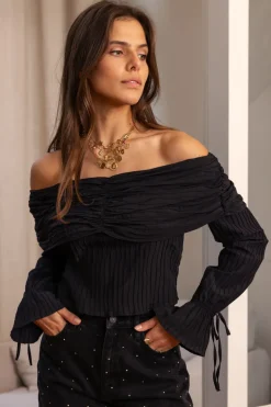 Zwarte Off-shoulder Top Met Structuur