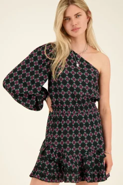Zwarte One Shoulder Top Met Roze Print