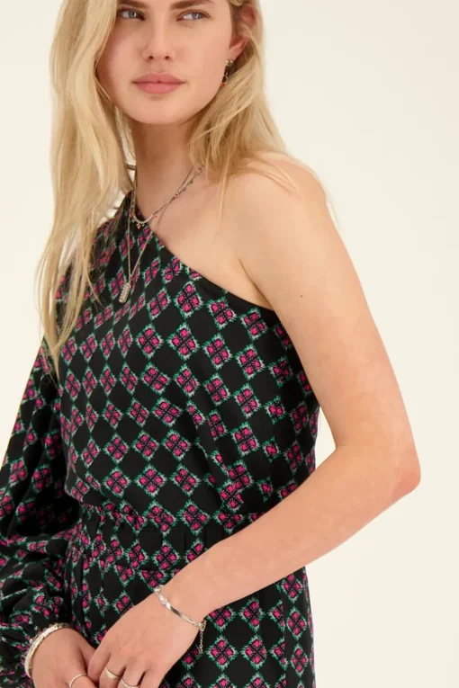 Zwarte One Shoulder Top Met Roze Print