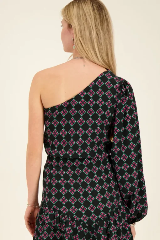 Zwarte One Shoulder Top Met Roze Print