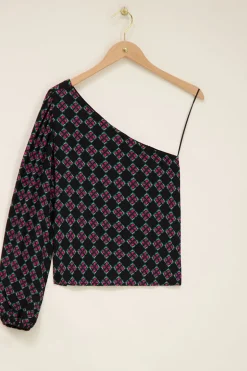 Zwarte One Shoulder Top Met Roze Print