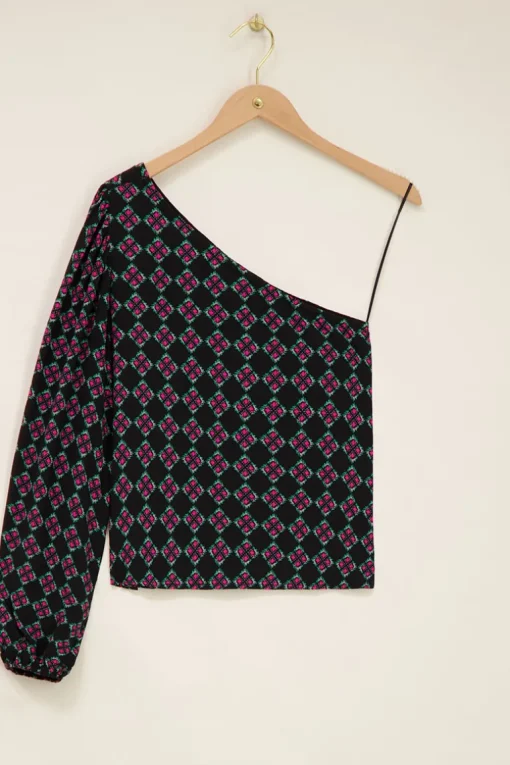 Zwarte One Shoulder Top Met Roze Print
