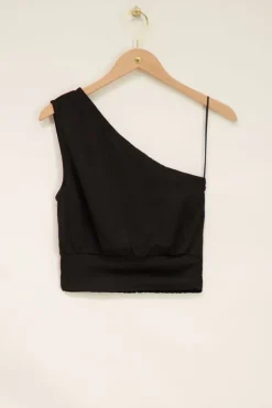 Zwarte One Shoulder Top Satijnen Look