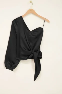 Zwarte One-shoulder Corset Top Satijn