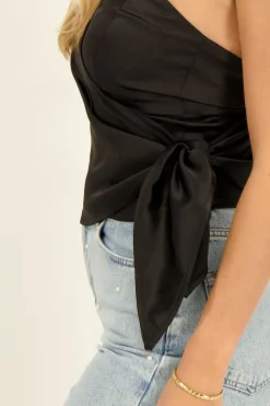 Zwarte One-shoulder Corset Top Satijn