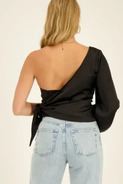 Zwarte One-shoulder Corset Top Satijn