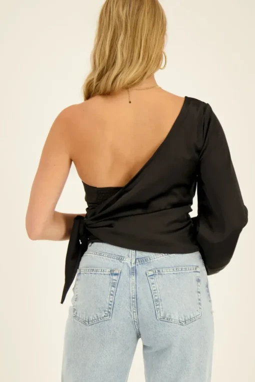 Zwarte One-shoulder Corset Top Satijn