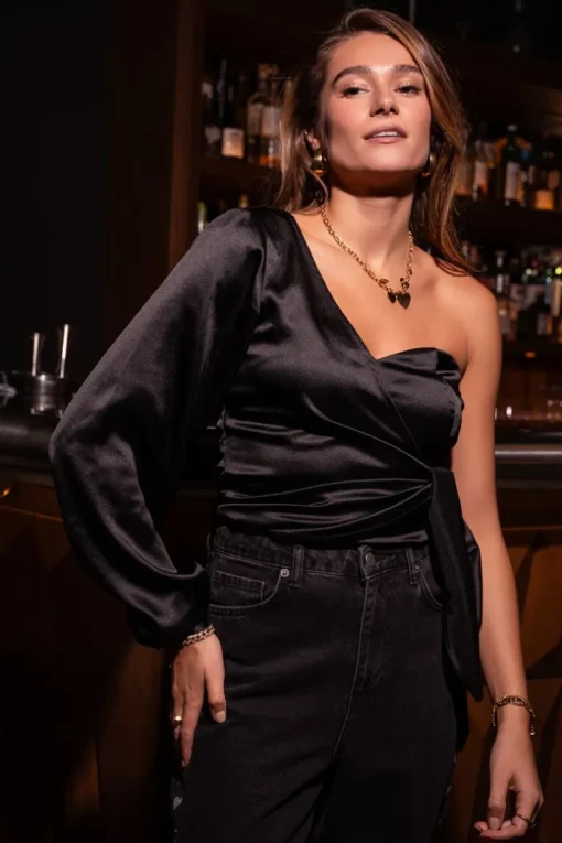 Zwarte One-shoulder Corset Top Satijn