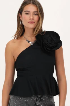 Zwarte One-shoulder Top Met Grote Bloem