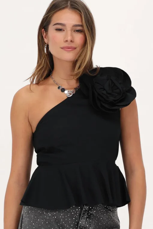 Zwarte One-shoulder Top Met Grote Bloem