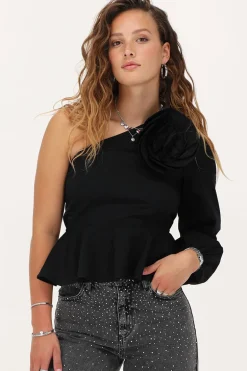 Zwarte One-shoulder Top Met Bloem