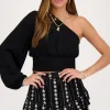 Zwarte One-shoulder Top Met Smock En Tapes
